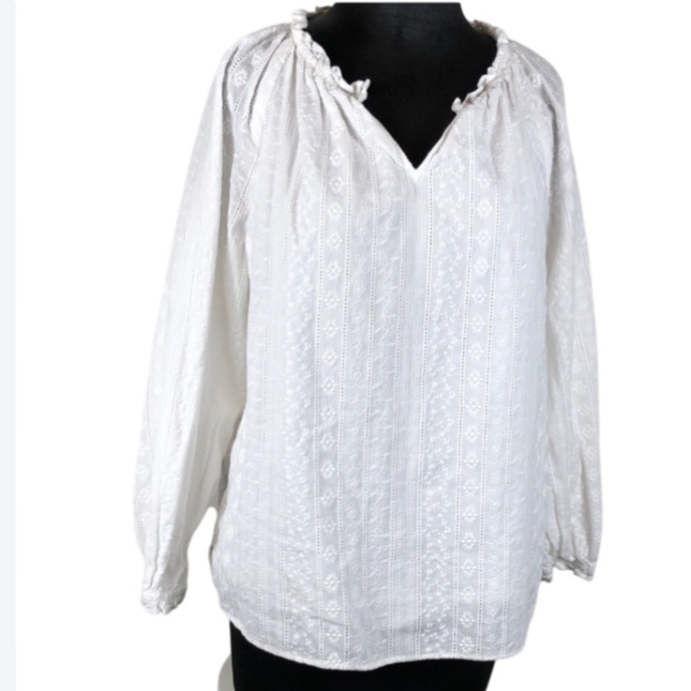 Talbots Blouse White Eyelet Long Sleeves Ruffle Trim Size LP